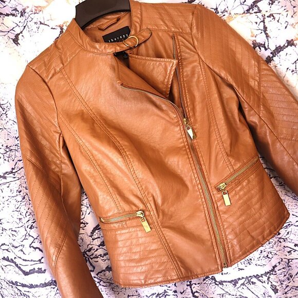 CARAMEL FAUX LEATHER JACKET S Therapy Brown Tan Moto Vegan Fall Classic Retro - Picture 1 of 11